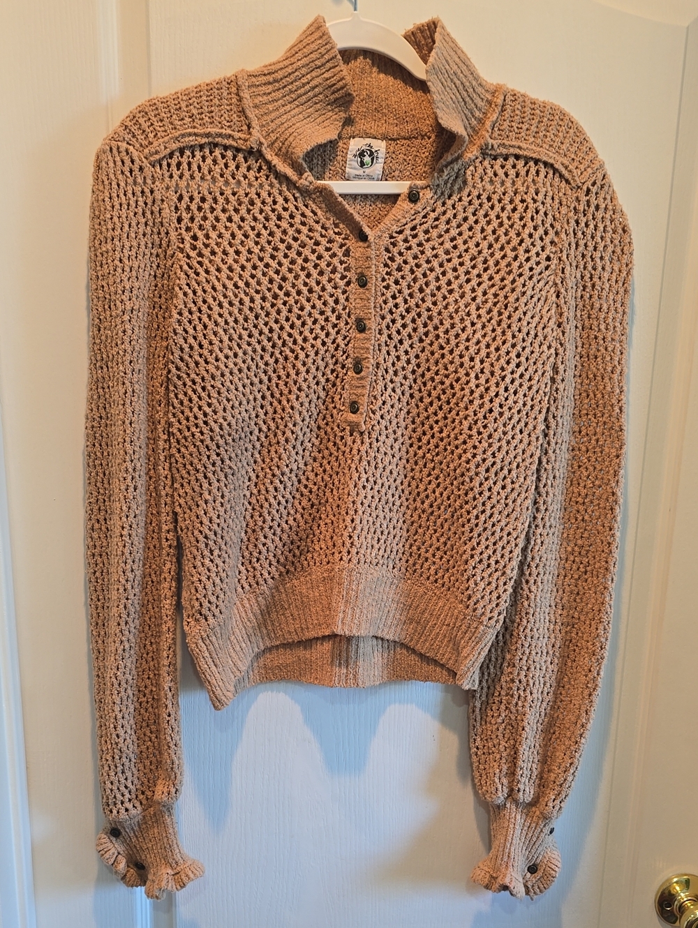 We The Free Open-Knit Henley Sweater in Tan